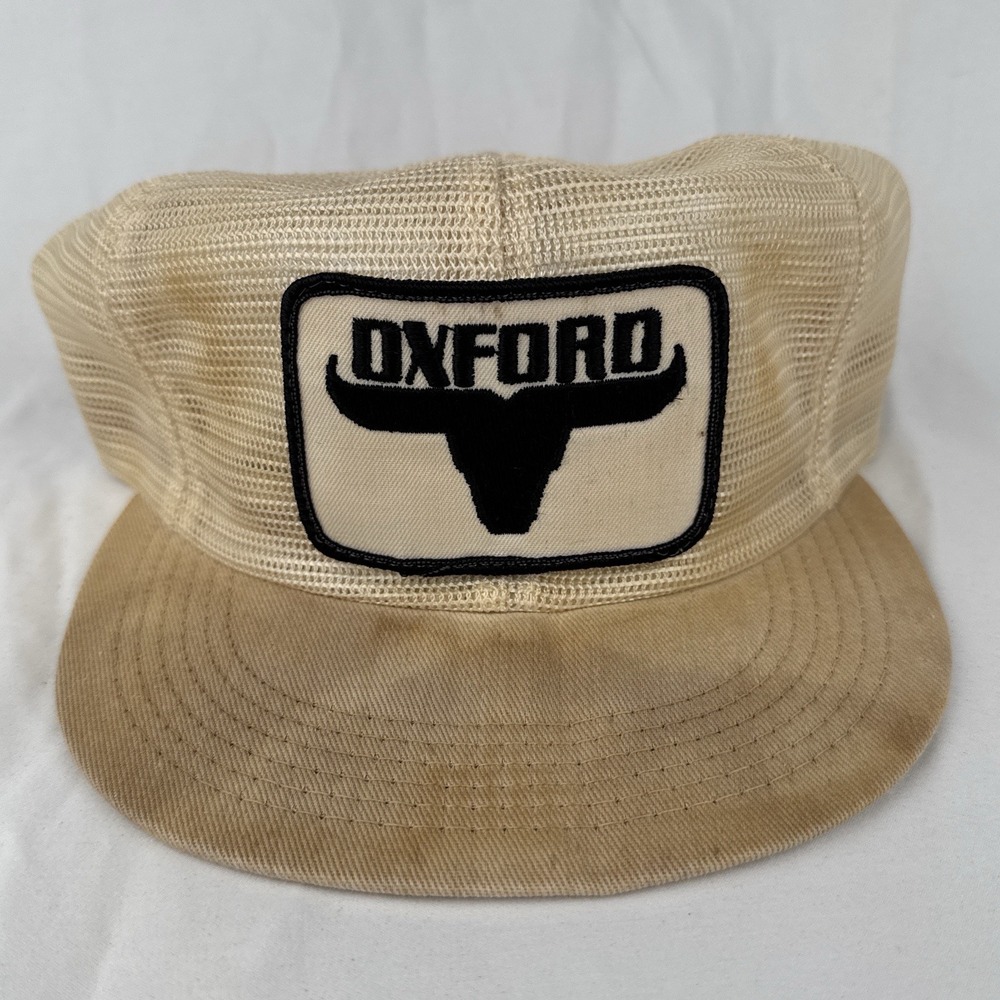 Vintage 80s Oxford Bull Trucker Hat K-Brand USA Distressed Mesh Snapback